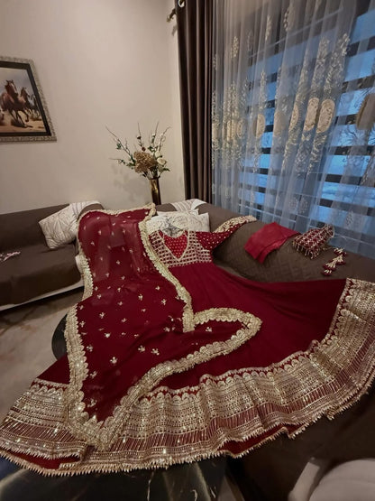 Exclusive Red Designer Gown Set with Embroidered Dupatta
