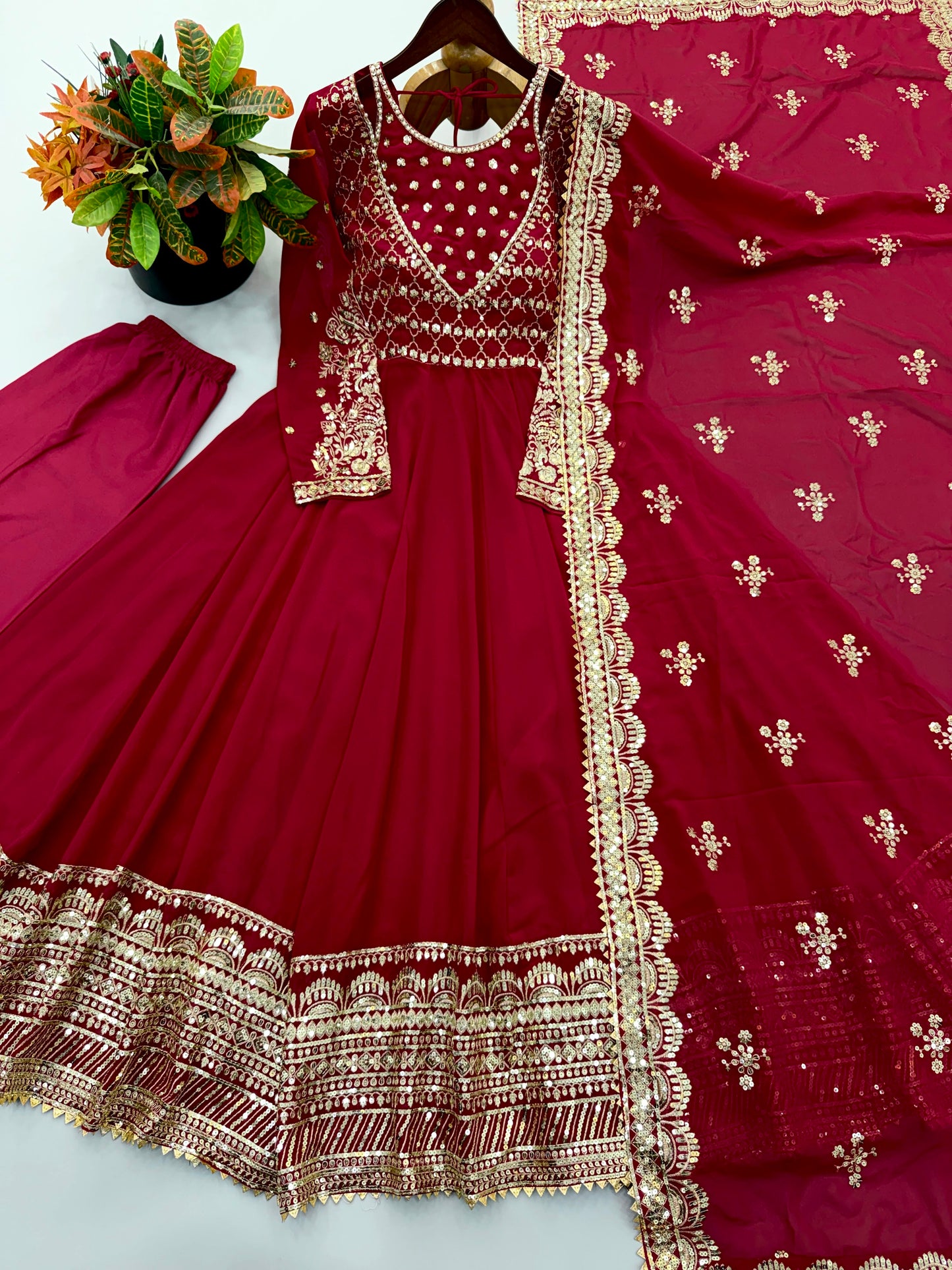 Exclusive Red Designer Gown Set with Embroidered Dupatta