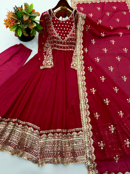 Exclusive Red Designer Gown Set with Embroidered Dupatta