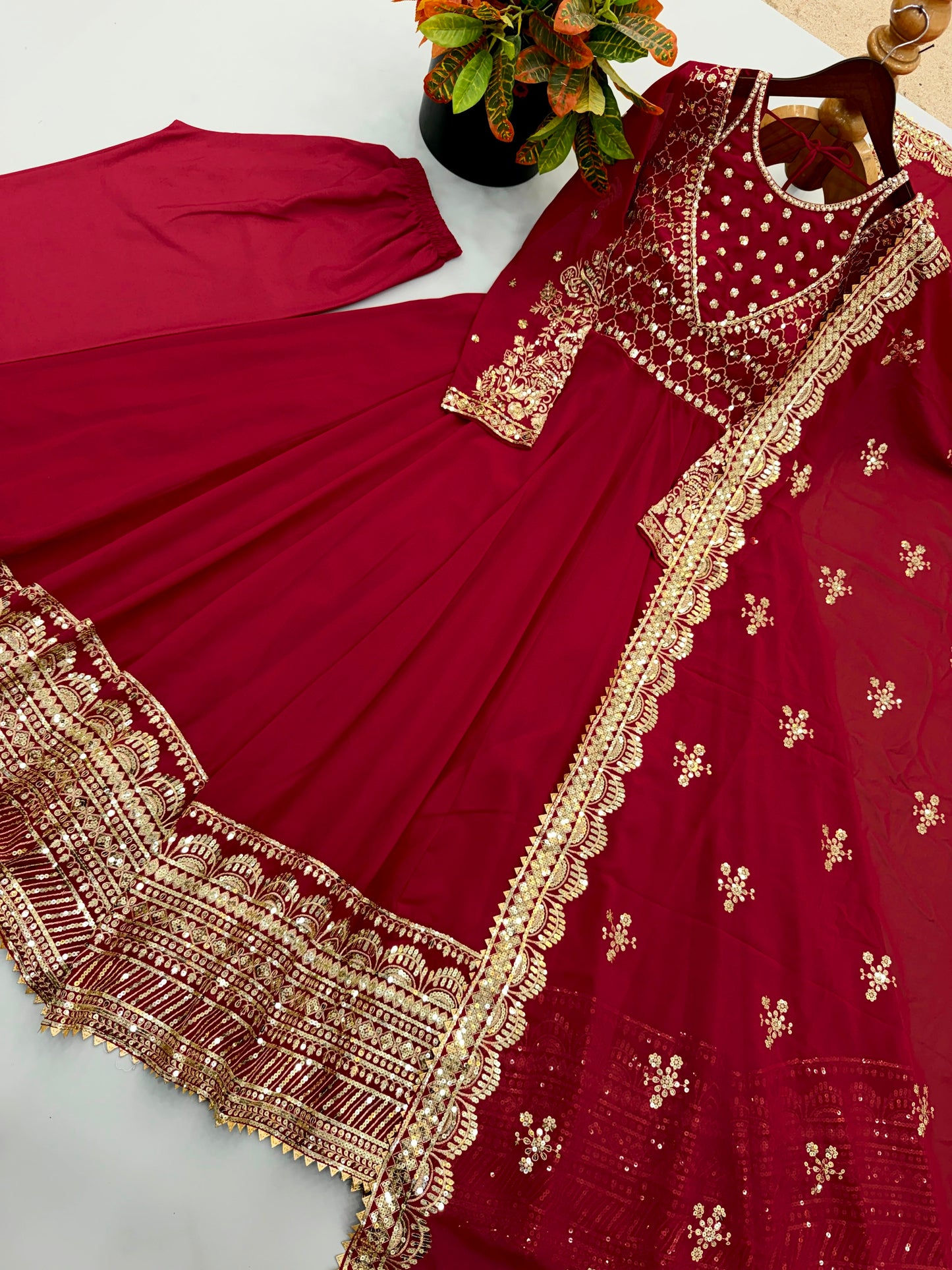 Exclusive Red Designer Gown Set with Embroidered Dupatta