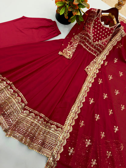 Exclusive Red Designer Gown Set with Embroidered Dupatta