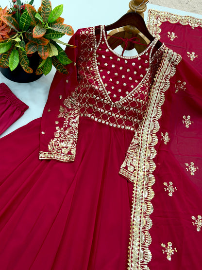 Exclusive Red Designer Gown Set with Embroidered Dupatta