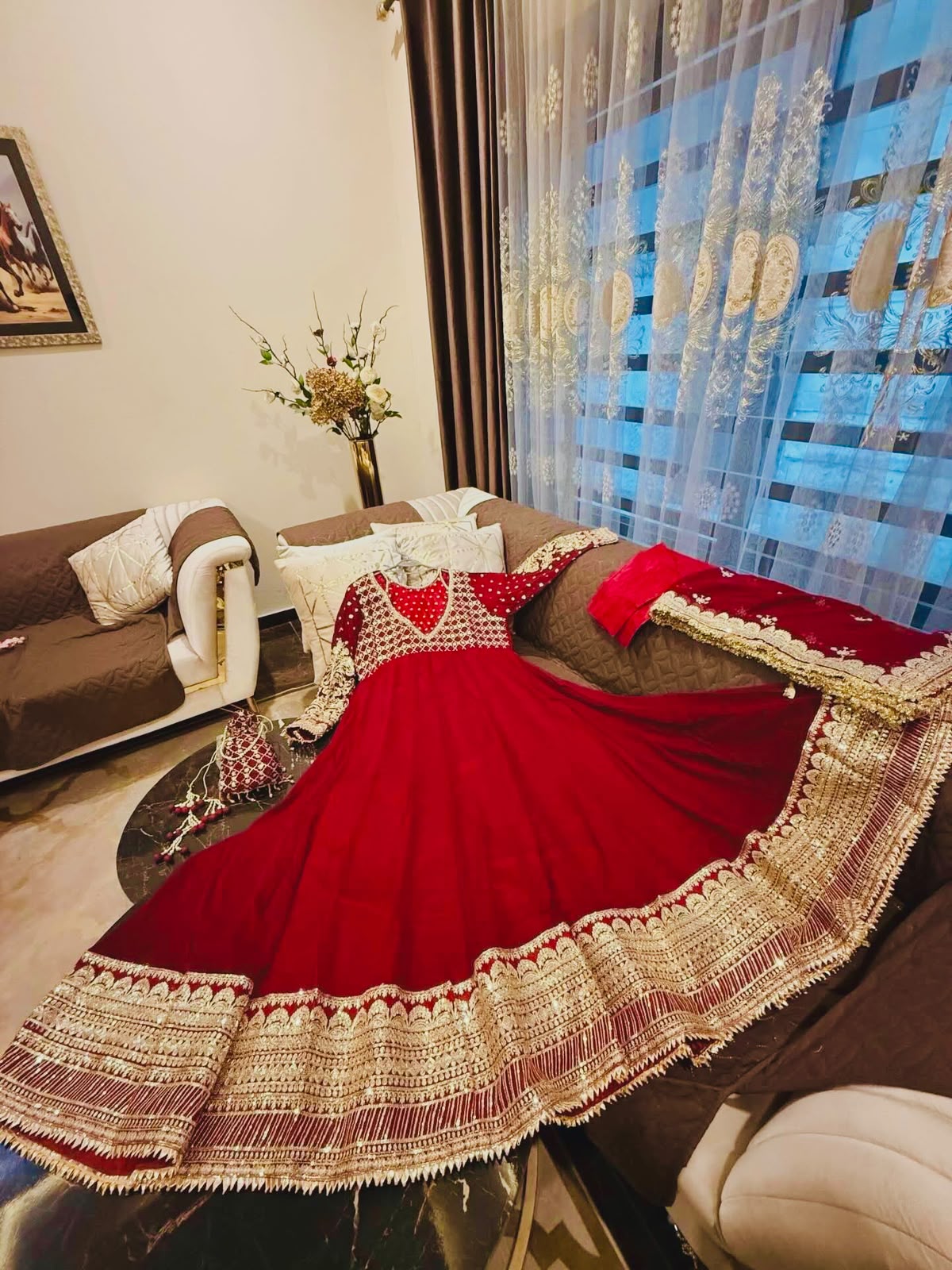 Exclusive Red Designer Gown Set with Embroidered Dupatta