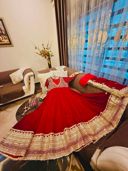 Exclusive Red Designer Gown Set with Embroidered Dupatta