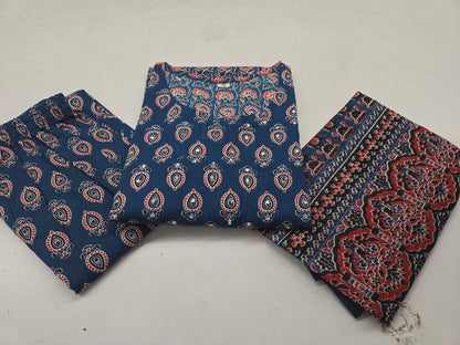 Elegant Blue Printed Cotton Kurta Set With Mirror Handwork