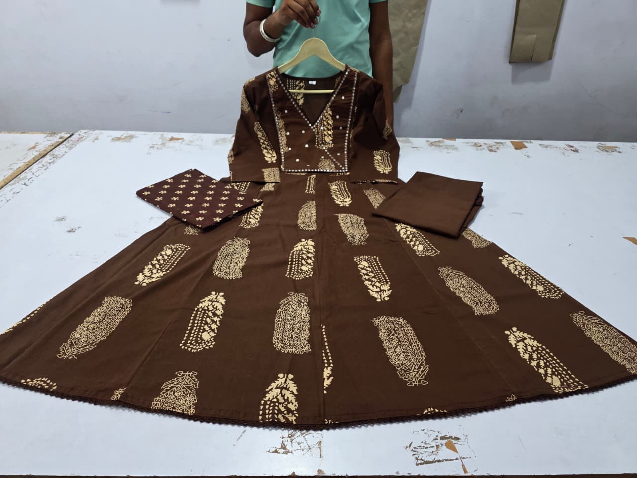 Angrakha Style Brown Anarkali Cotton Kurta Set