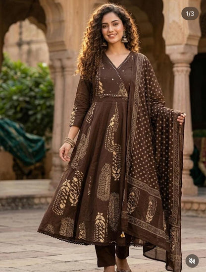 Angrakha Style Brown Anarkali Cotton Kurta Set