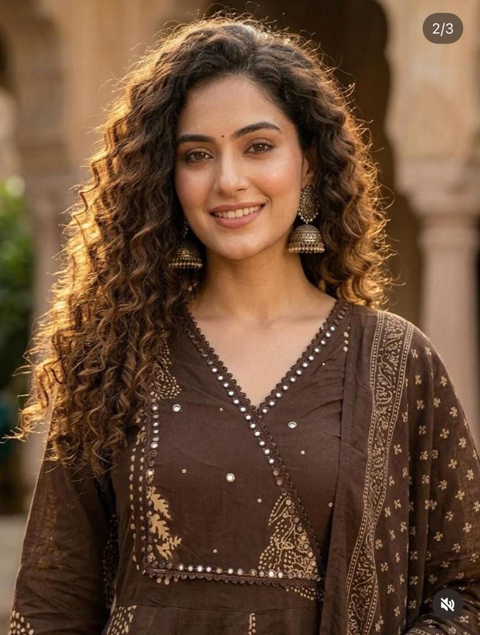 Angrakha Style Brown Anarkali Cotton Kurta Set