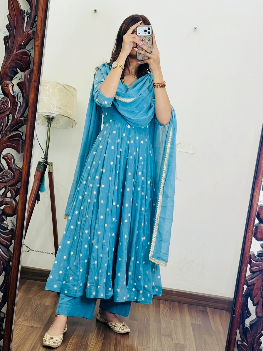Elegant Light Blue Exclusive Designer Gown Set