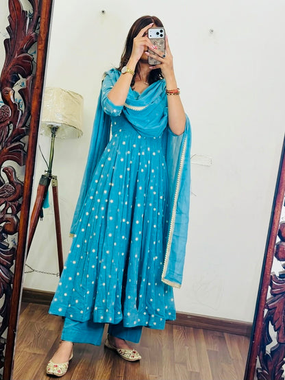 Elegant Light Blue Exclusive Designer Gown Set