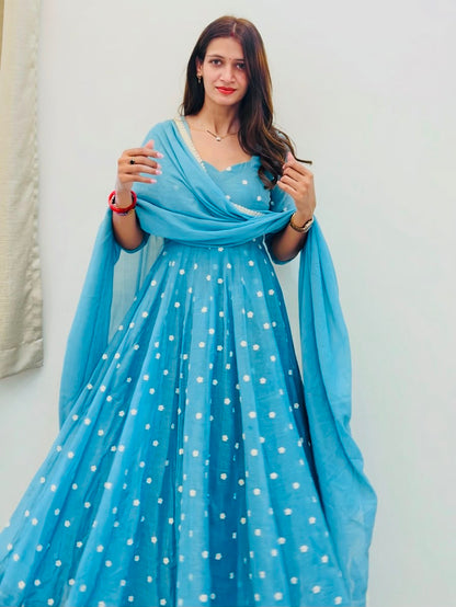 Elegant Light Blue Exclusive Designer Gown Set
