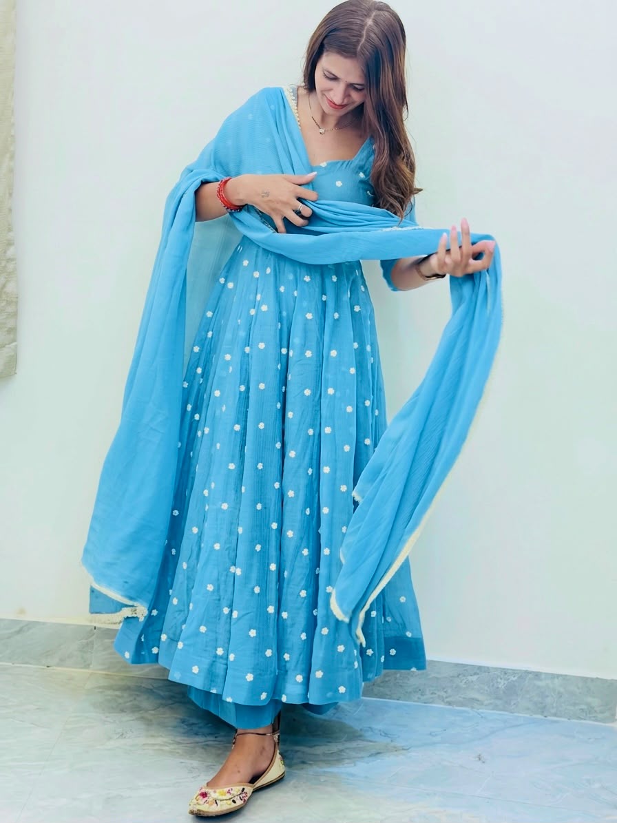 Elegant Light Blue Exclusive Designer Gown Set