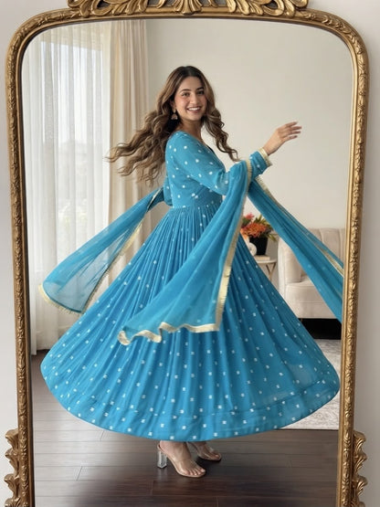 Elegant Light Blue Exclusive Designer Gown Set