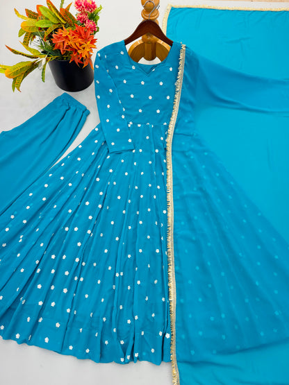 Elegant Light Blue Exclusive Designer Gown Set