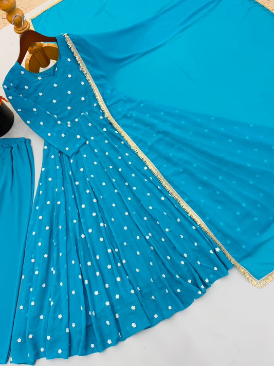 Elegant Light Blue Exclusive Designer Gown Set
