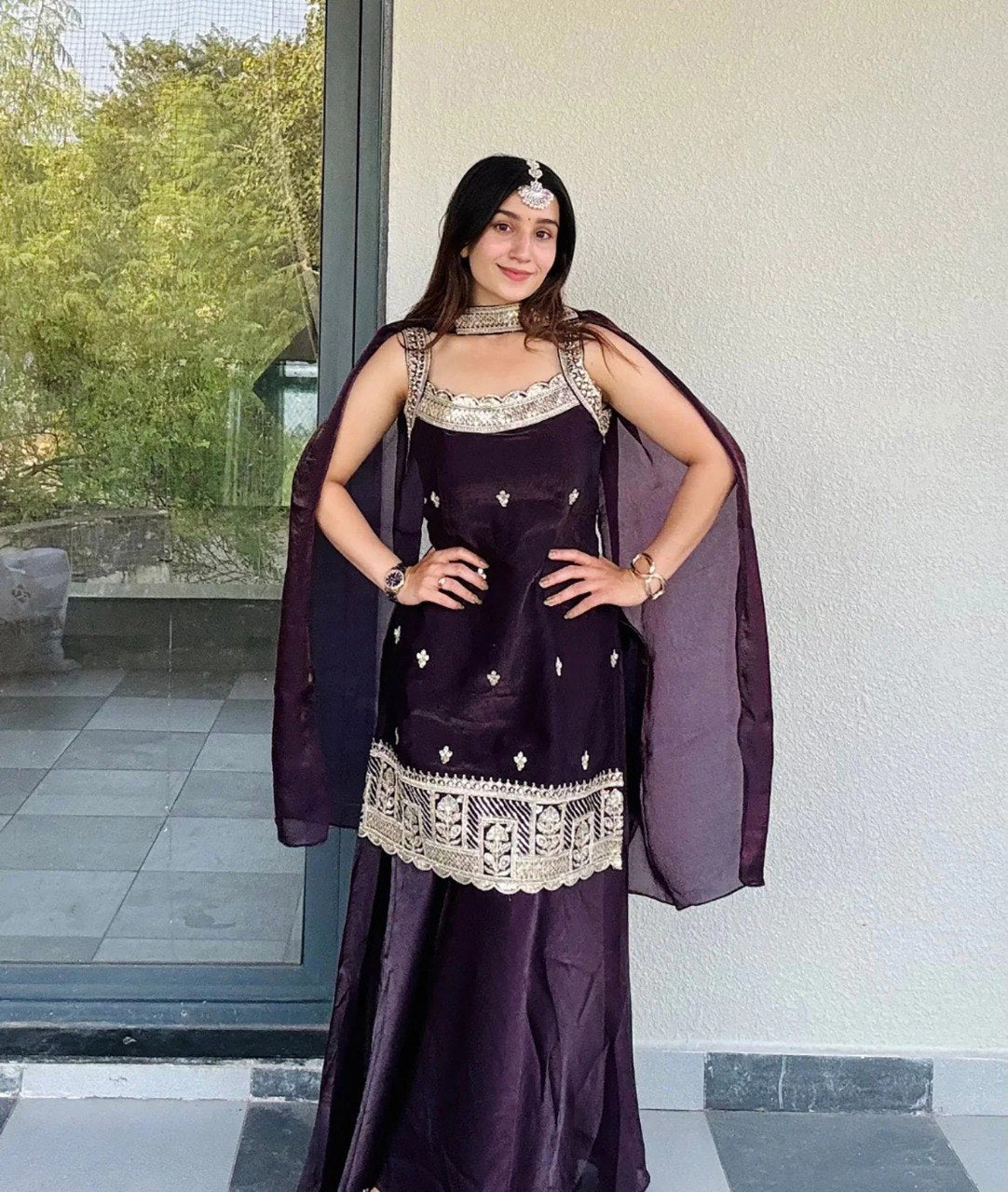 Stylish Embroidered Wine Palazzo Suit Set