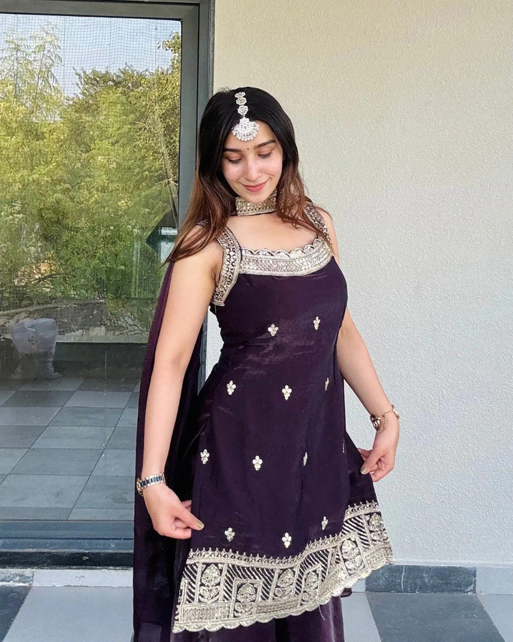 Stylish Embroidered Wine Palazzo Suit Set