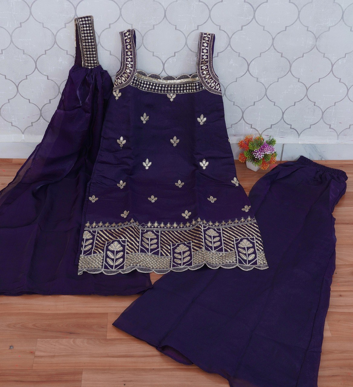 Stylish Embroidered Wine Palazzo Suit Set