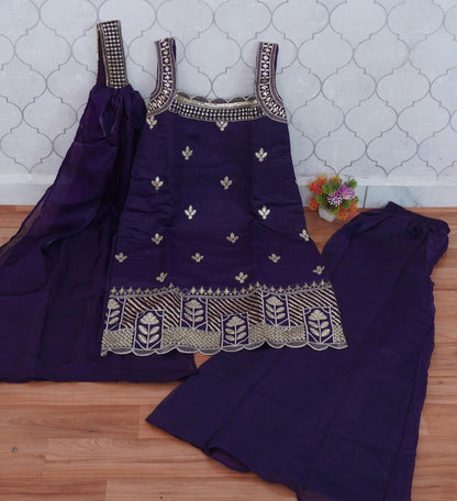 Stylish Embroidered Wine Palazzo Suit Set