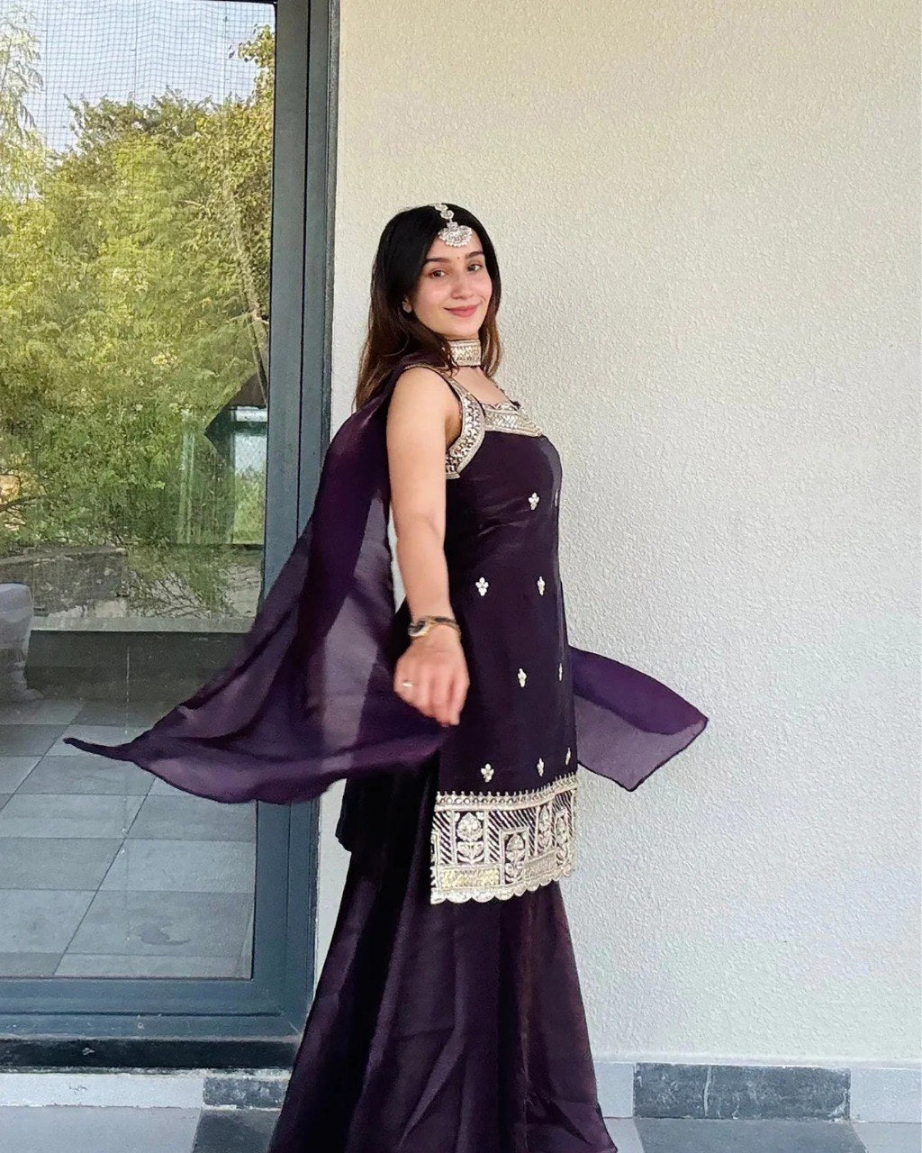 Stylish Embroidered Wine Palazzo Suit Set