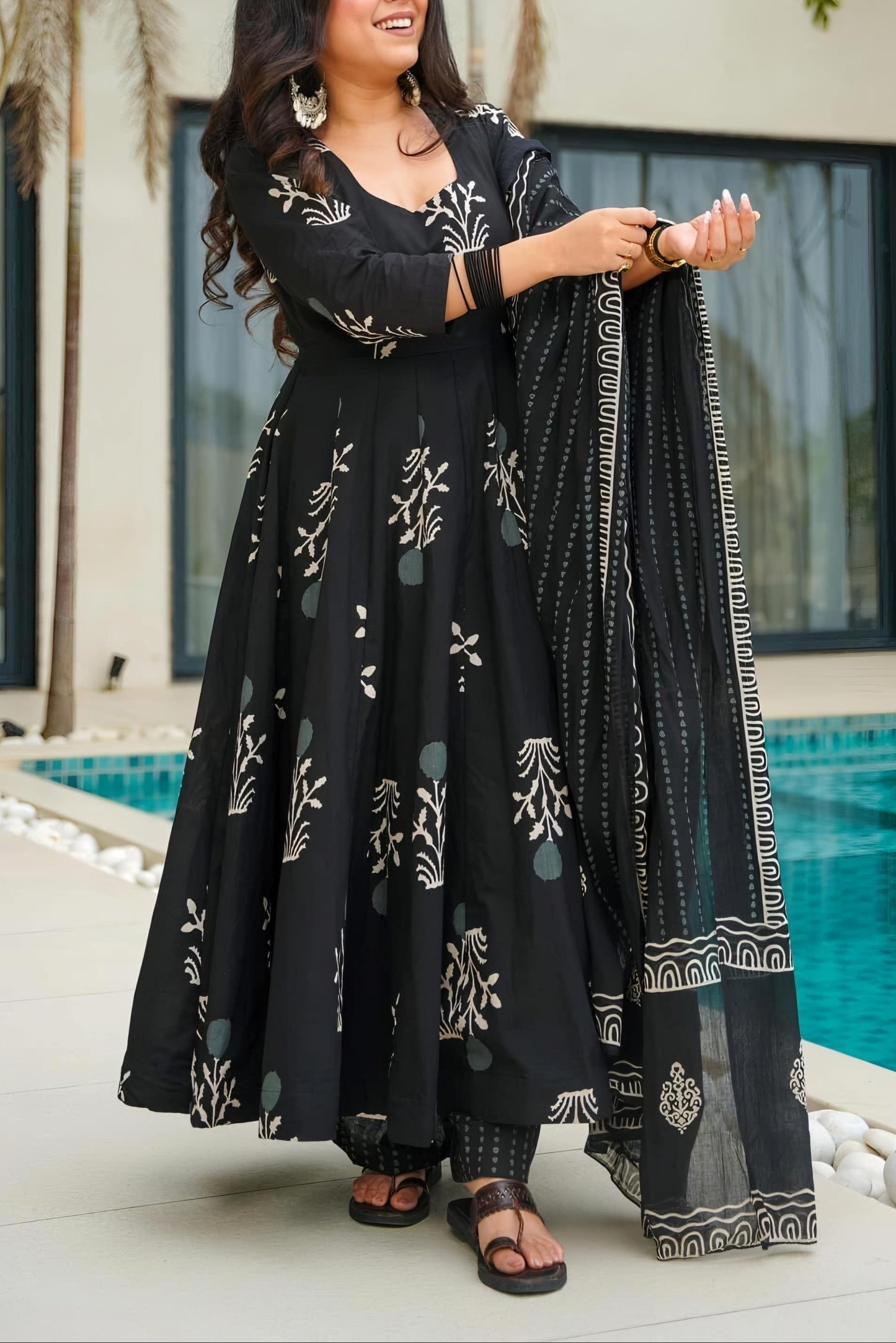 Sanganeri Print Black Anarkali Cotton Kurta Set