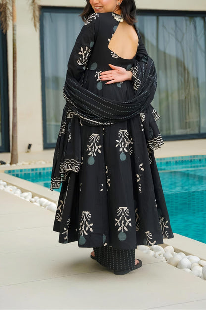 Sanganeri Print Black Anarkali Cotton Kurta Set