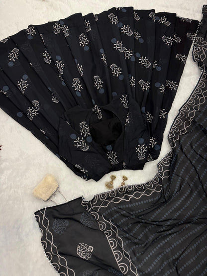 Sanganeri Print Black Anarkali Cotton Kurta Set