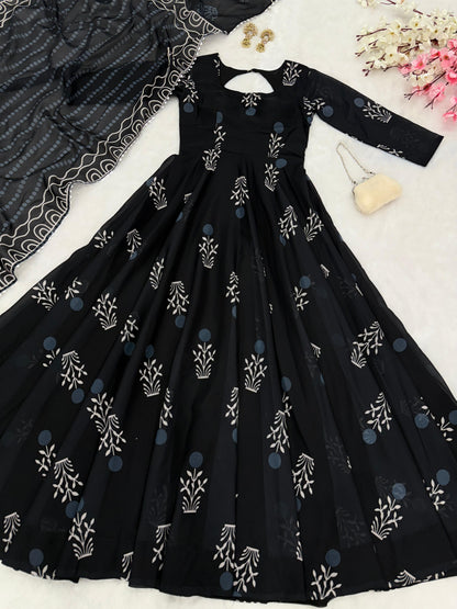 Sanganeri Print Black Anarkali Cotton Kurta Set