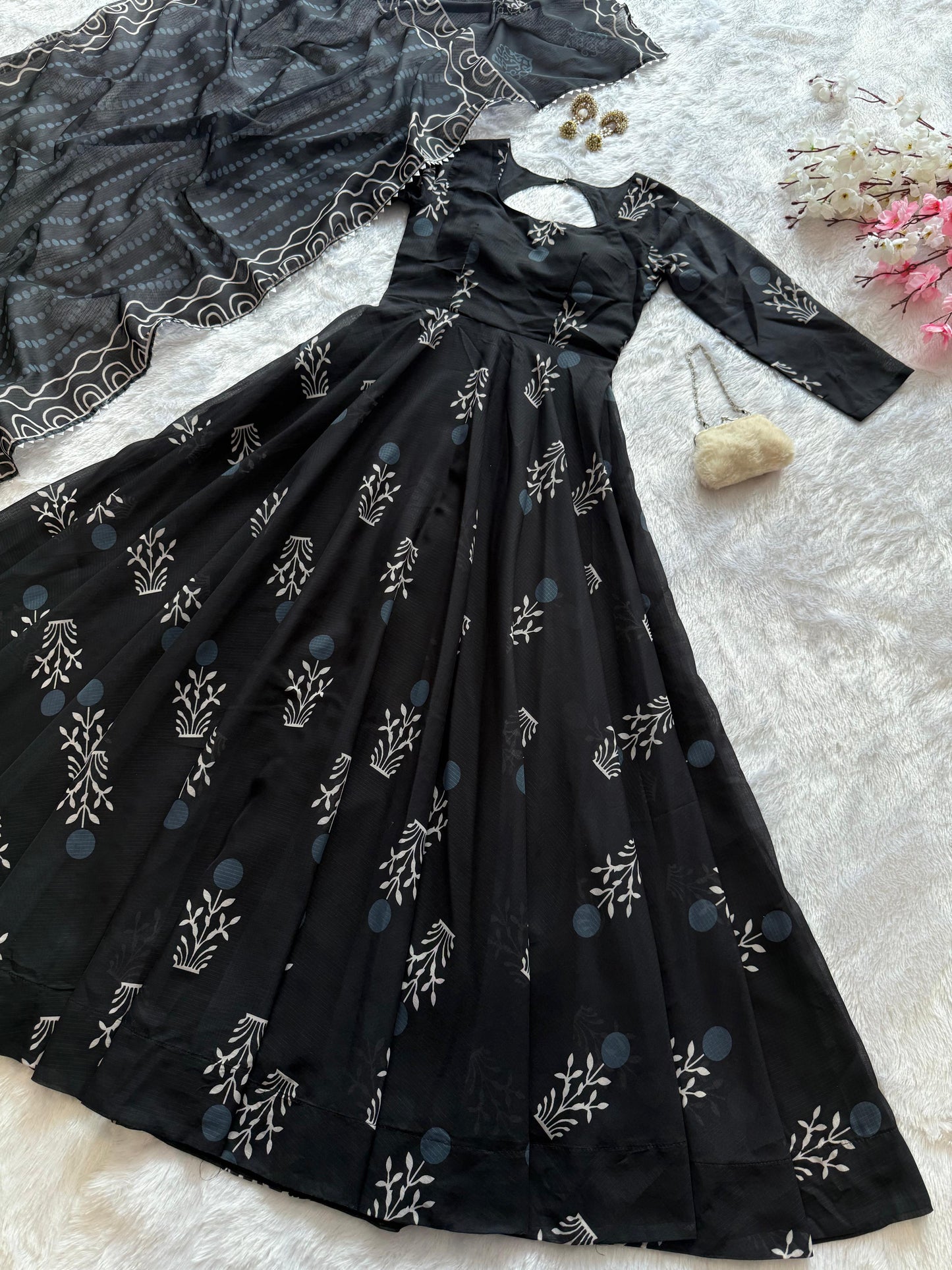 Sanganeri Print Black Anarkali Cotton Kurta Set