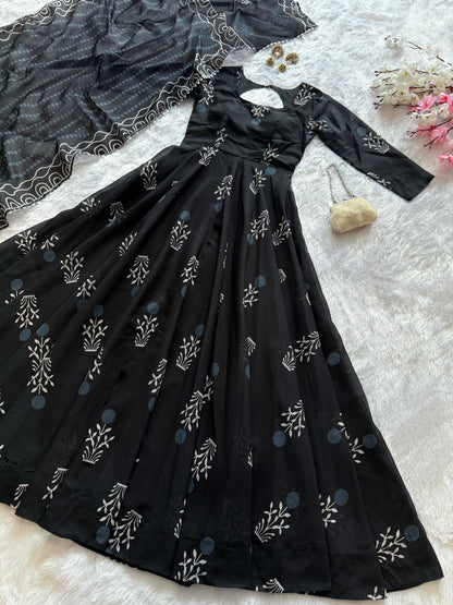 Sanganeri Print Black Anarkali Cotton Kurta Set