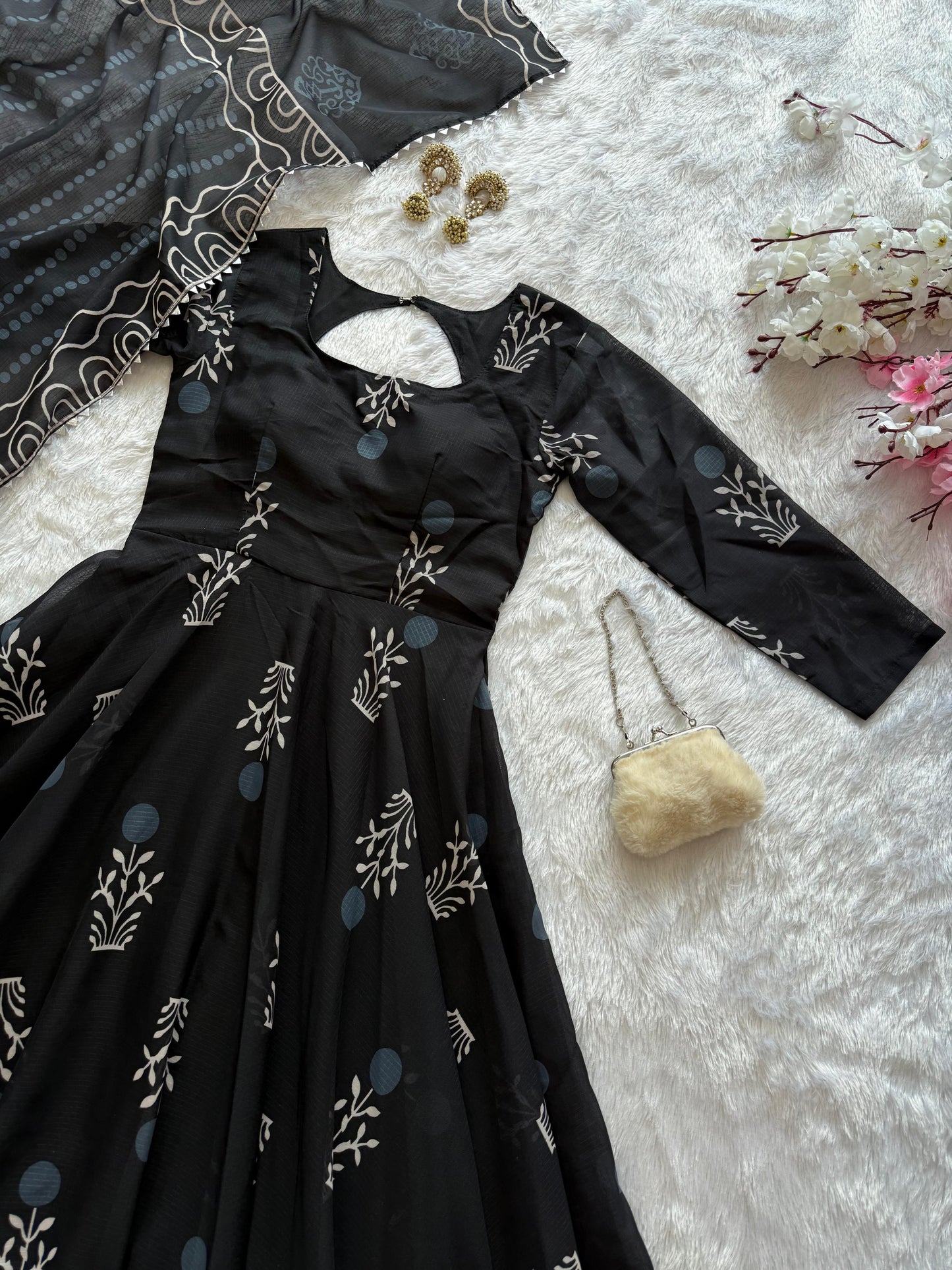 Sanganeri Print Black Anarkali Cotton Kurta Set