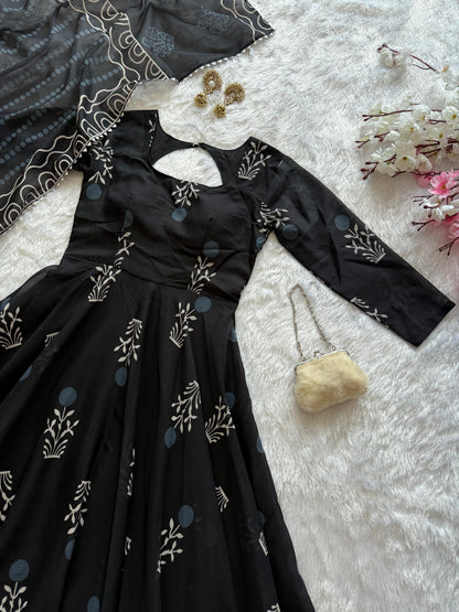 Sanganeri Print Black Anarkali Cotton Kurta Set
