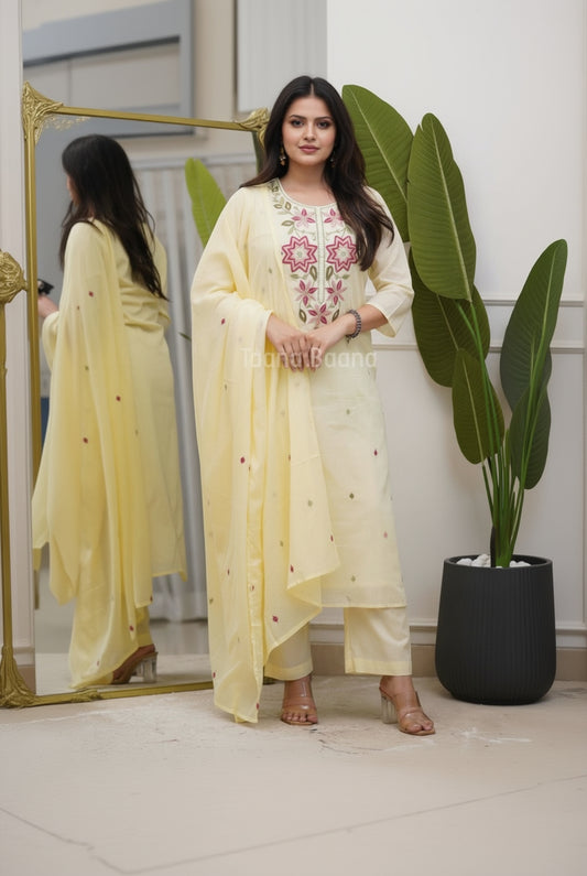 A woman models a light yellow ethnic salwar kameez suit with pink floral embroidery on the chest, paired with a matching sheer dupatta. She stands in front of a large gold-framed mirror and a potted banana plant.