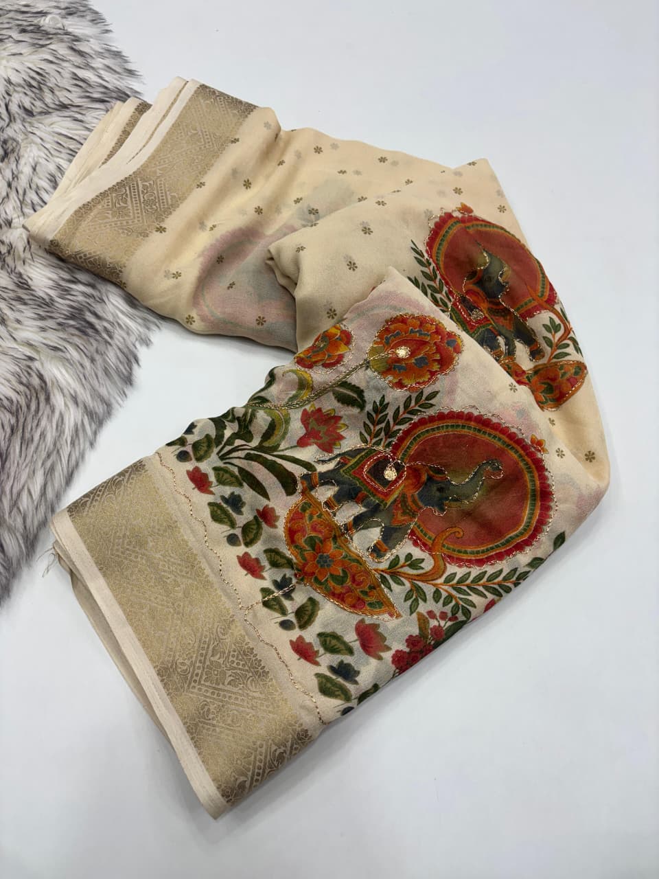 Elegant Printed Marsh Mellow Silk Saree With Mirror & Aari Work