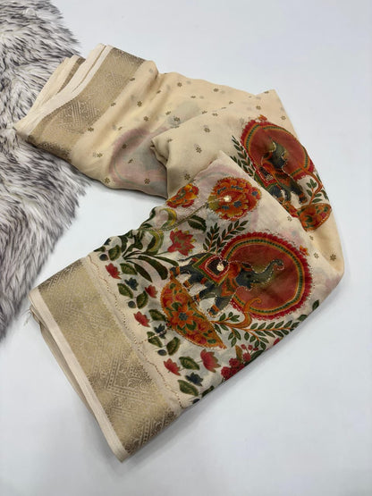 Elegant Printed Marsh Mellow Silk Saree With Mirror & Aari Work