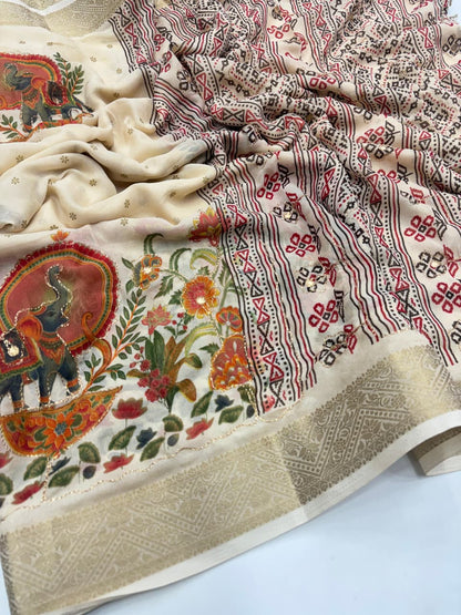 Elegant Printed Marsh Mellow Silk Saree With Mirror & Aari Work