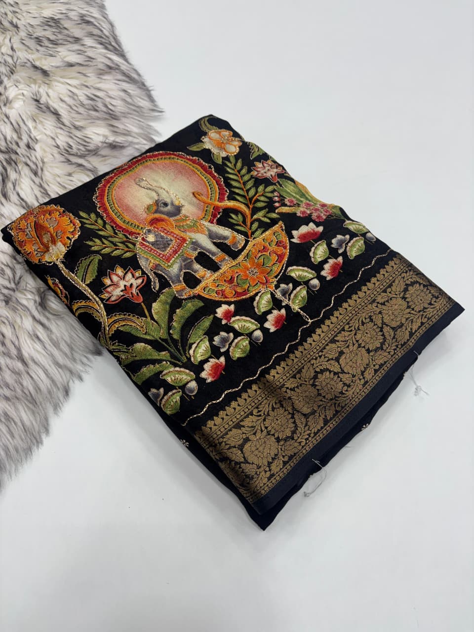Elegant Printed Marsh Mellow Silk Saree With Mirror & Aari Work