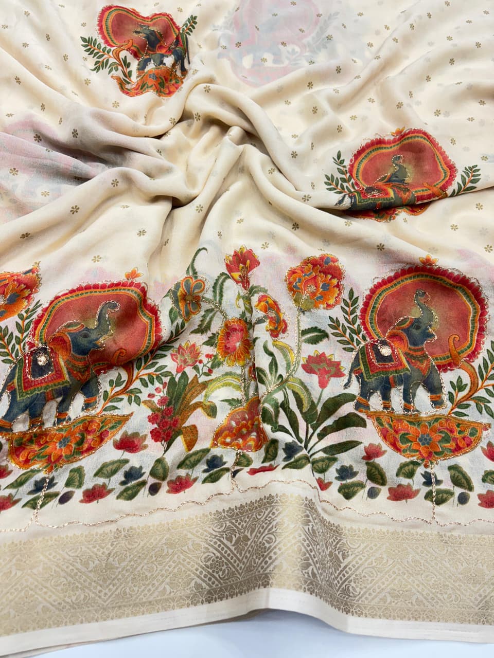 Elegant Printed Marsh Mellow Silk Saree With Mirror & Aari Work