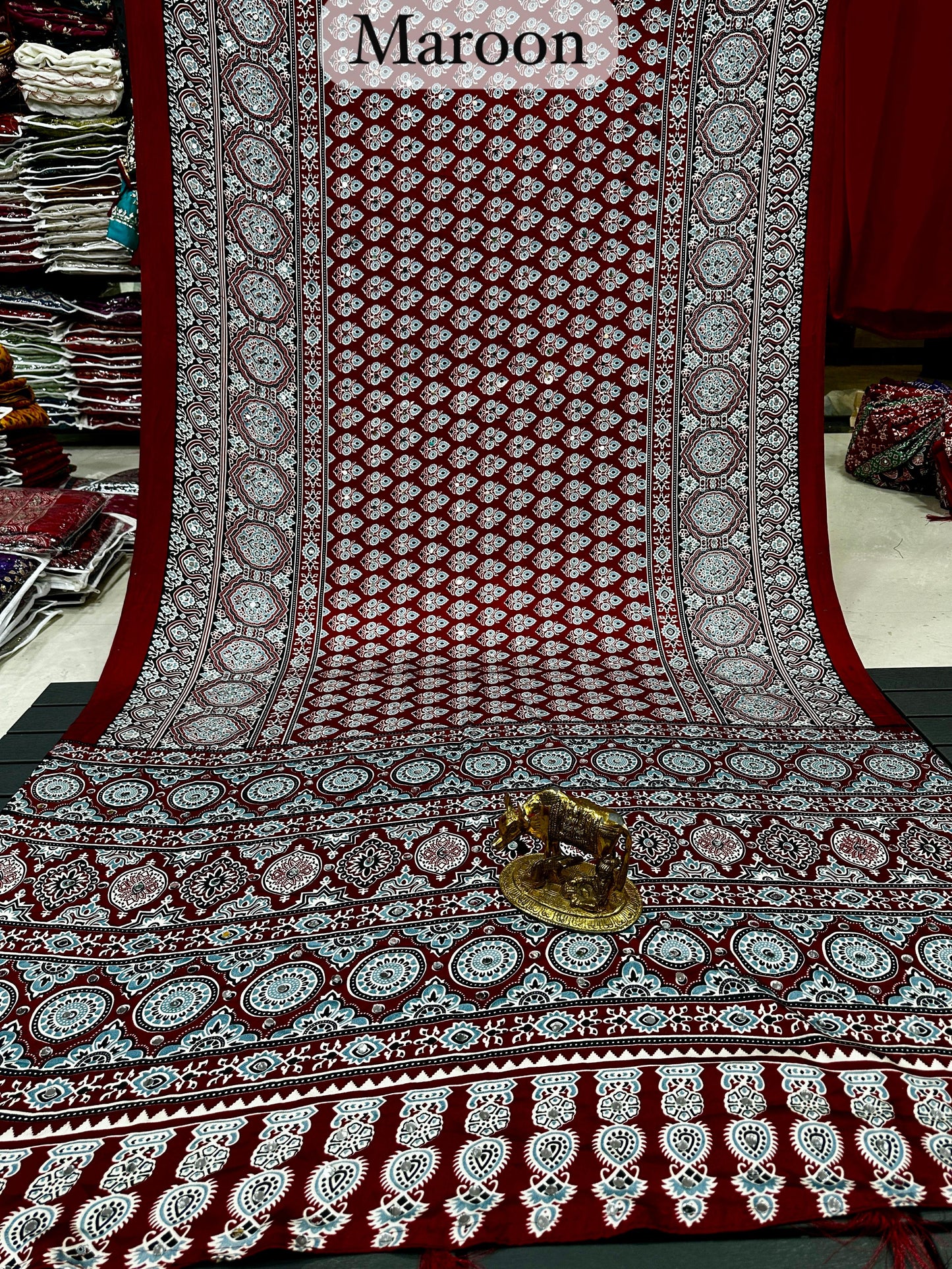 Ajrakh Soft Crepe Mirror Work Saree