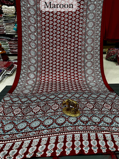 Ajrakh Soft Crepe Mirror Work Saree