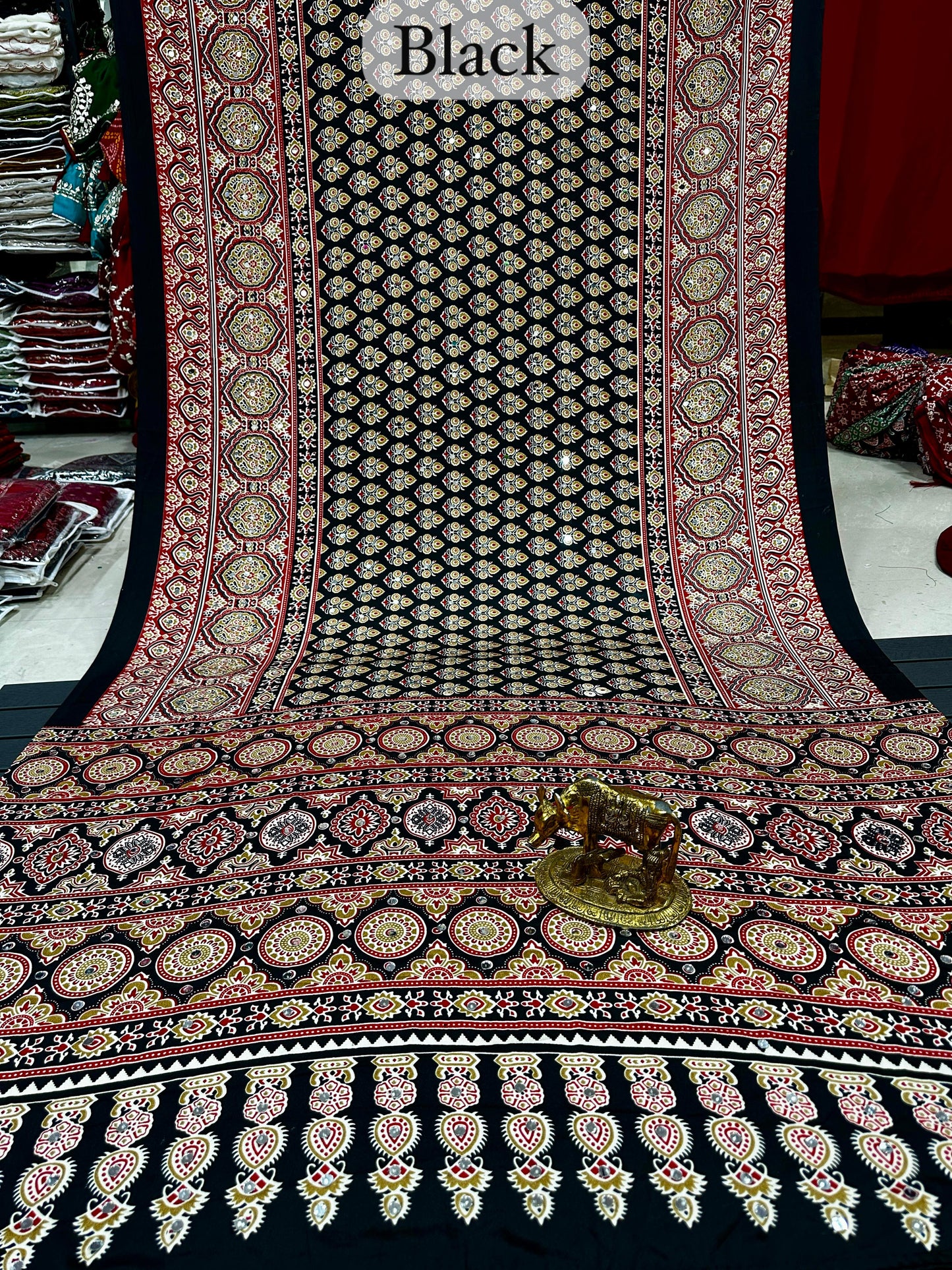 Ajrakh Soft Crepe Mirror Work Saree