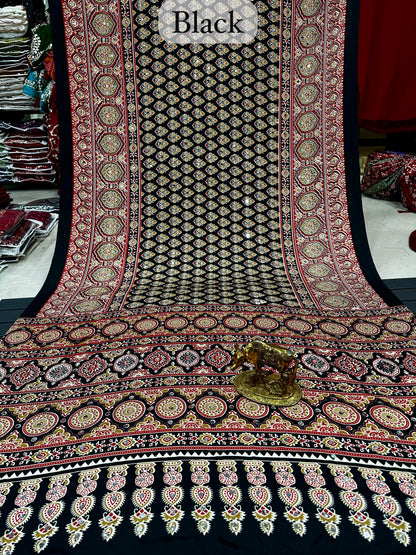 Ajrakh Soft Crepe Mirror Work Saree