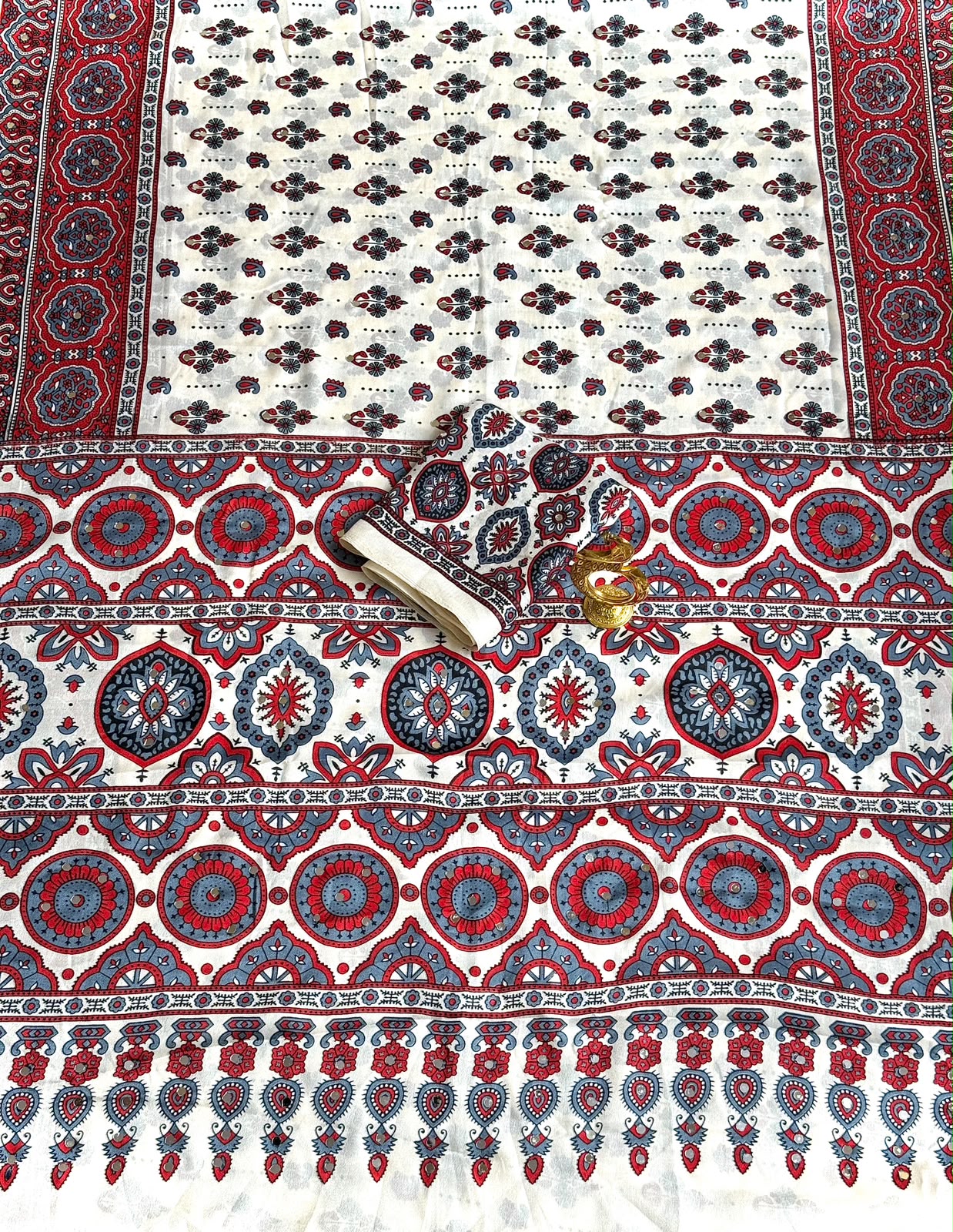 Stunning Ajrakh Gajji Crepe Silk Saree With Mirror Work