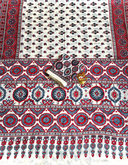 Stunning Ajrakh Gajji Crepe Silk Saree With Mirror Work