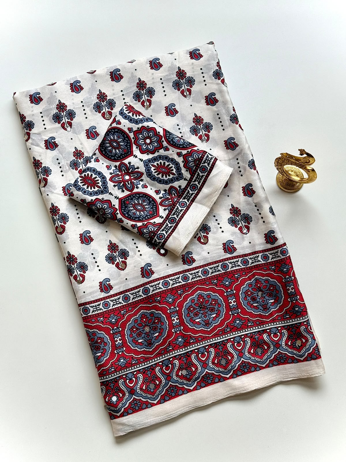 Stunning Ajrakh Gajji Crepe Silk Saree With Mirror Work