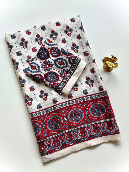 Stunning Ajrakh Gajji Crepe Silk Saree With Mirror Work