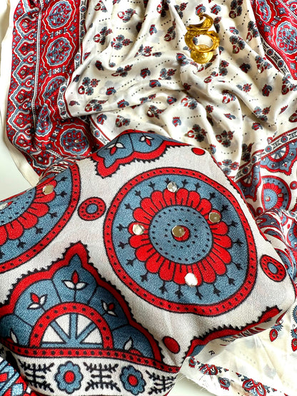 Stunning Ajrakh Gajji Crepe Silk Saree With Mirror Work