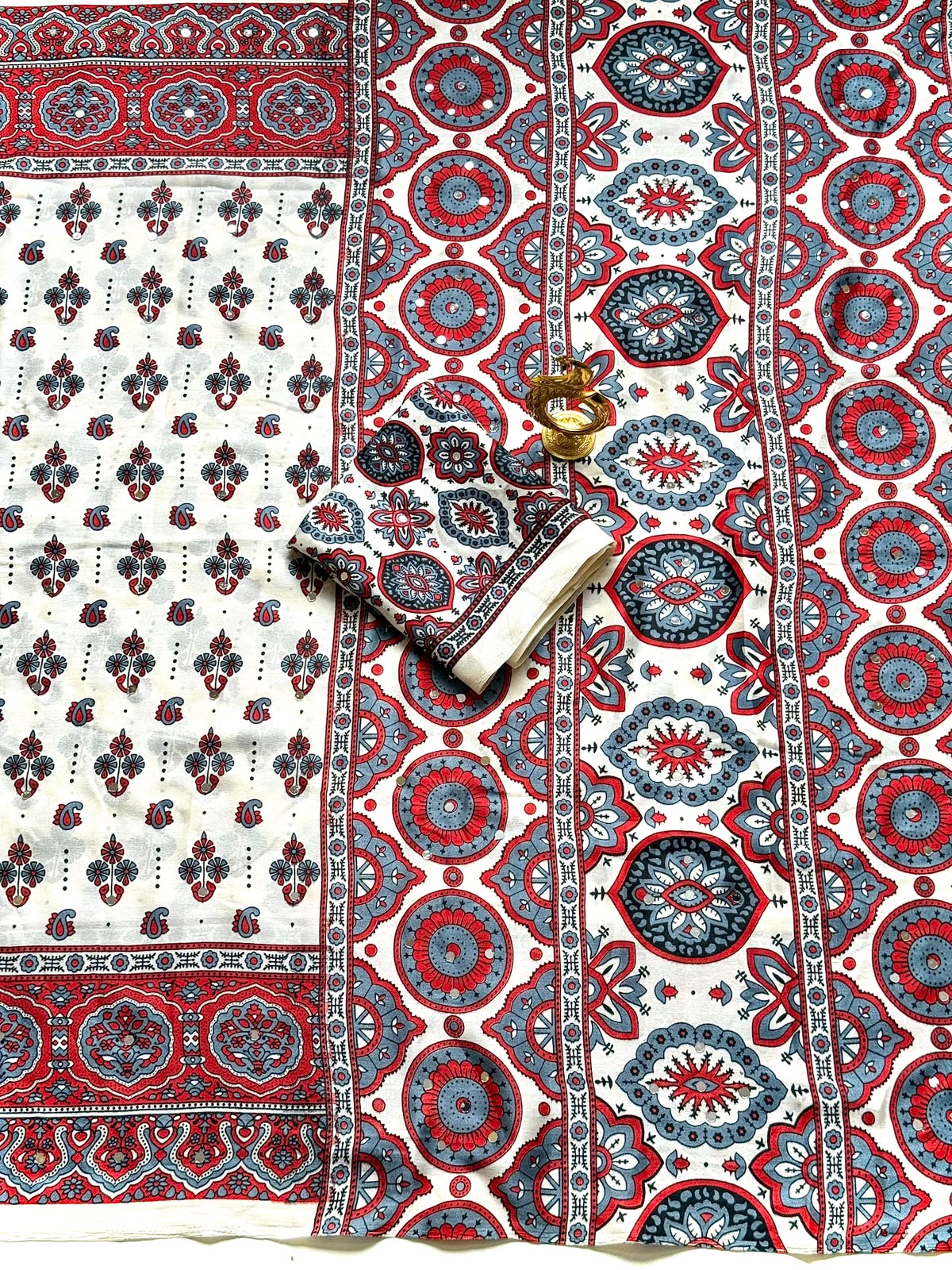 Stunning Ajrakh Gajji Crepe Silk Saree With Mirror Work