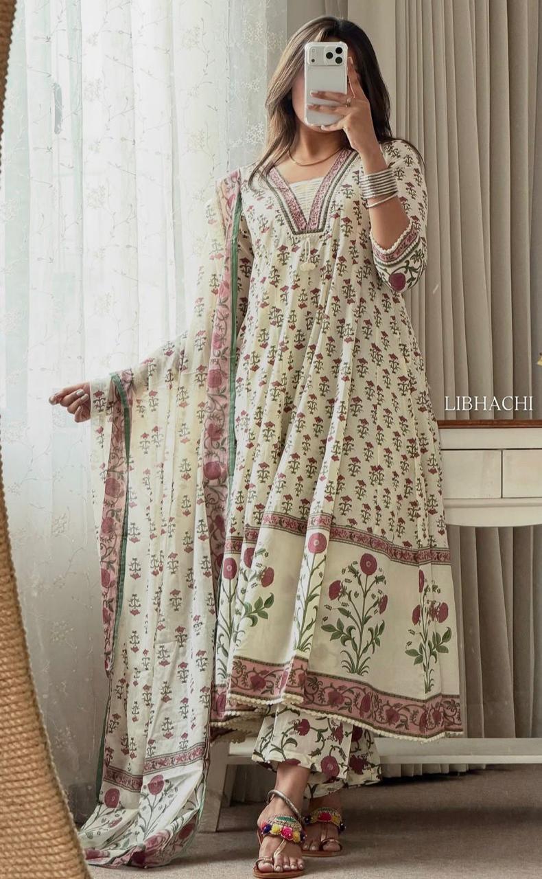 Elegant Floral Print Embroidered Anarkali Cotton Kurta Set