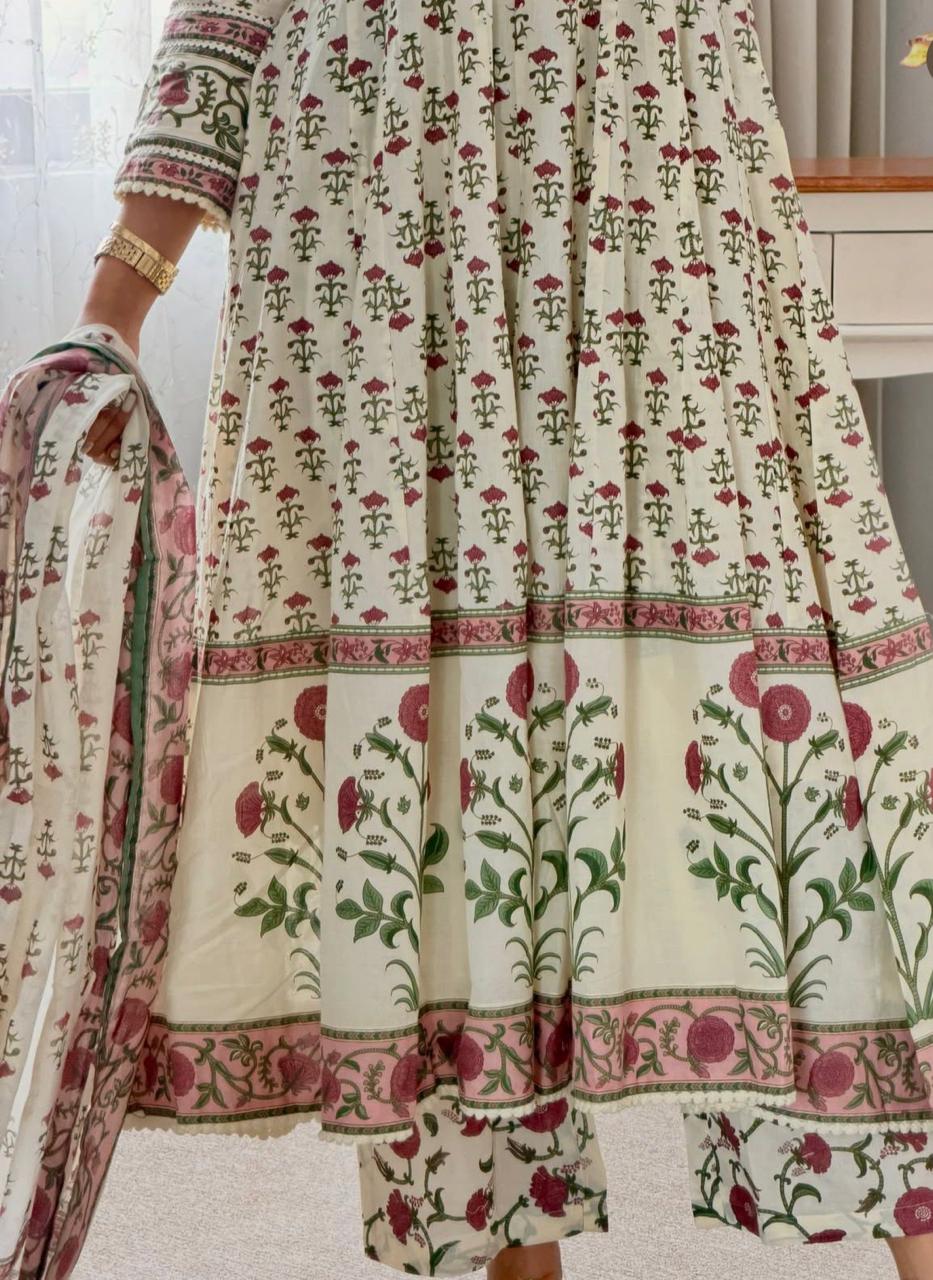 Elegant Floral Print Embroidered Anarkali Cotton Kurta Set